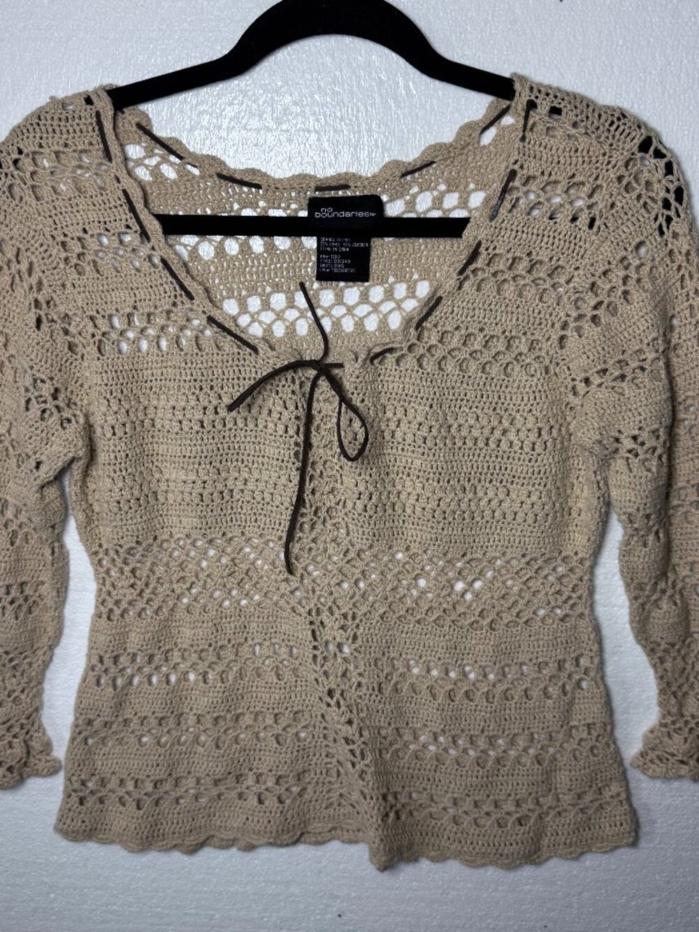 Vintage Y2K Large Crochet Tan Top No Boundaries Sweater Cottagecore Boho Fairy
